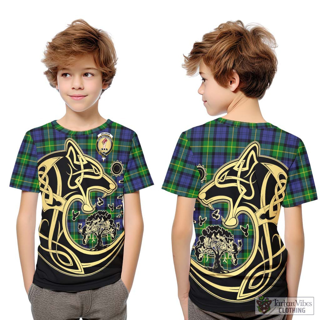 Meldrum Tartan Kid T-Shirt with Family Crest Celtic Wolf Style Youth XL Size14 - Tartan Vibes Clothing