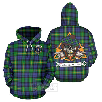 Meldrum Tartan Hoodie with Family Crest and Bearded Skull Holding Bottles of Whiskey Zip Hoodie - Tartan Vibes Clothing