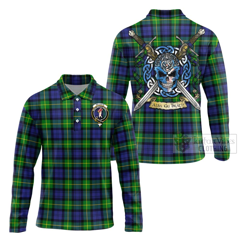 Meldrum Tartan Long Sleeve Polo Shirt with Family Crest Celtic Skull Style Unisex - Tartan Vibes Clothing