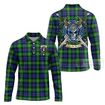 Meldrum Tartan Long Sleeve Polo Shirt with Family Crest Celtic Skull Style Unisex - Tartan Vibes Clothing