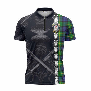 Meldrum Tartan Zipper Polo Shirt with Family Crest Cross Sword Thistle Celtic Vibes Unisex - Tartan Vibes Clothing