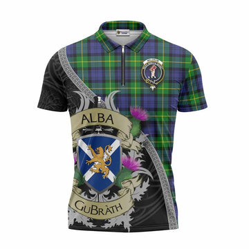 Meldrum Tartan Family Crest Zipper Polo Shirt Lion Rampant Royal Thistle Shield Celtic Inspired Unisex - Tartan Vibes Clothing