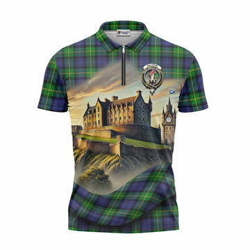 Meldrum Tartan Family Crest Zipper Polo Shirt with Scottish Ancient Castle Style Unisex - Tartan Vibes Clothing