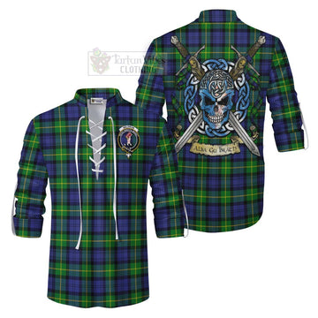 Meldrum Tartan Ghillie Kilt Shirt with Family Crest Celtic Skull Style Men - Tartan Vibes Clothing