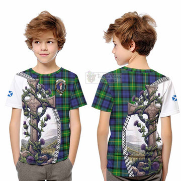 Meldrum Tartan Kid T-Shirt with Family Crest and St. Andrew's Cross Accented by Thistle Vines Youth XL Size14 - Tartan Vibes Clothing