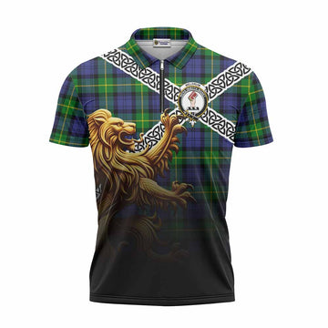 Meldrum Crest Tartan Zipper Polo Shirt with Golden Lion Emblem Celtic Style Unisex - Tartan Vibes Clothing