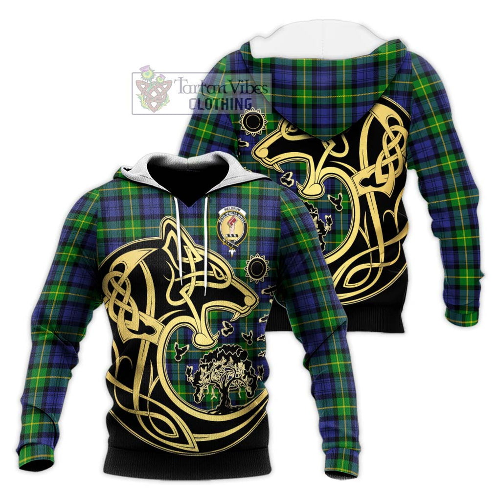 Meldrum Tartan Knitted Hoodie with Family Crest Celtic Wolf Style Unisex Knitted Pullover Hoodie - Tartan Vibes Clothing