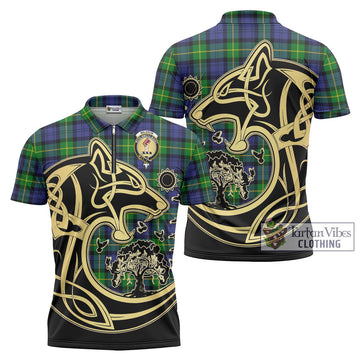 Meldrum Tartan Zipper Polo Shirt with Family Crest Celtic Wolf Style Unisex - Tartan Vibes Clothing