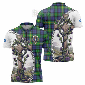 Meldrum Tartan Zipper Polo Shirt with Family Crest and St. Andrew's Cross Accented by Thistle Vines Unisex - Tartan Vibes Clothing