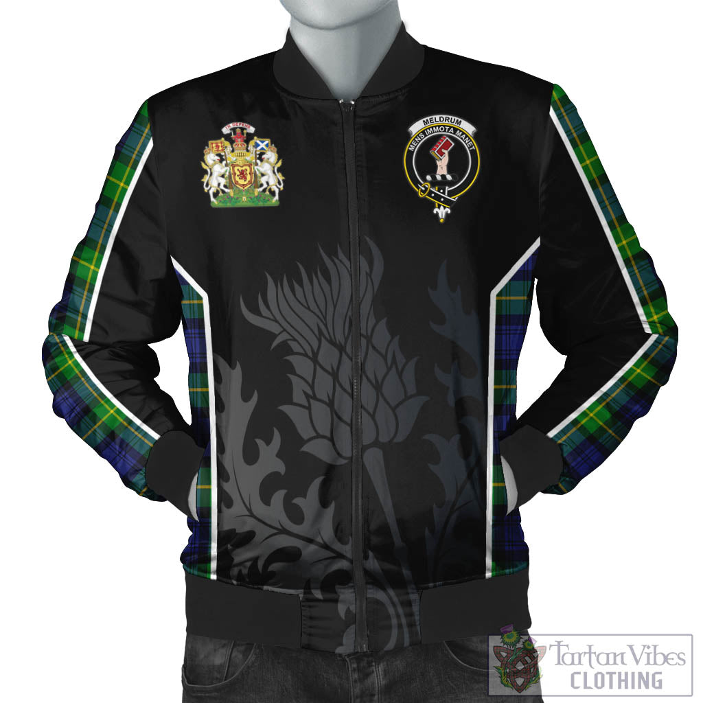 Tartan Vibes Clothing Meldrum Tartan Bomber Jacket with Family Crest and Scottish Thistle Vibes Sport Style