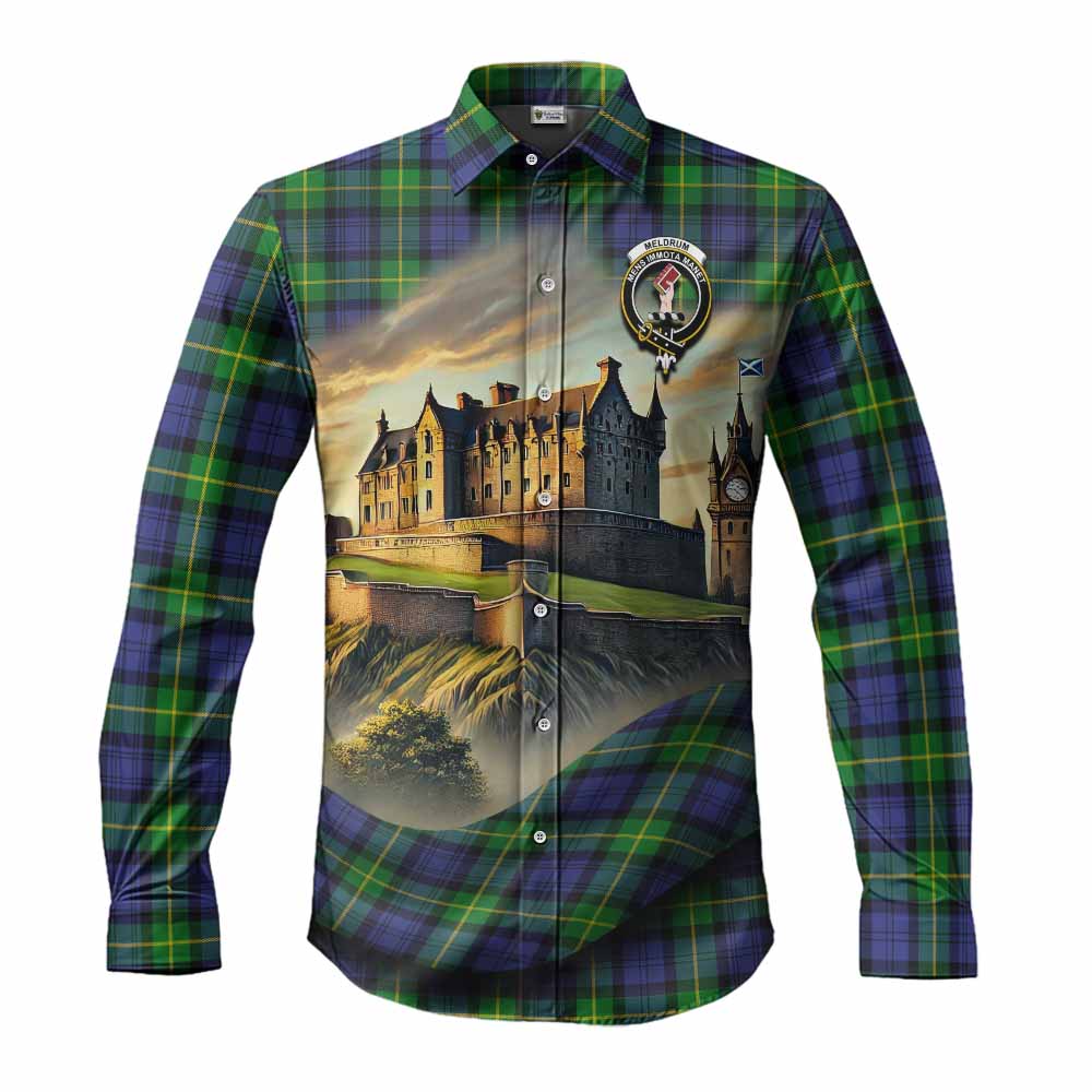 Tartan Vibes Clothing Meldrum Tartan Family Crest Long Sleeve Button Shirt with Scottish Ancient Castle Style