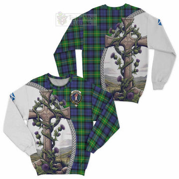Meldrum Tartan Sweatshirt with Family Crest and St. Andrew's Cross Accented by Thistle Vines Unisex - Tartan Vibes Clothing