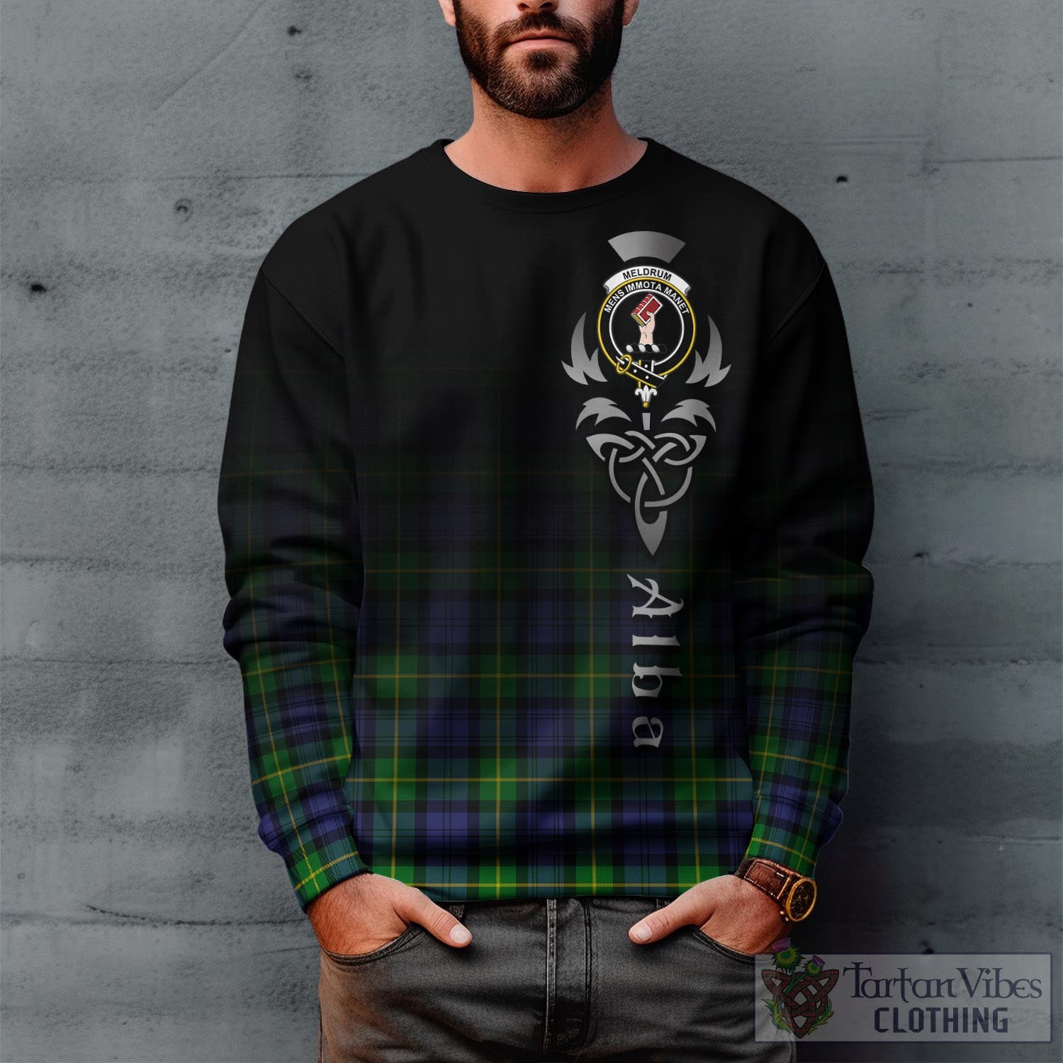 Meldrum Tartan Sweatshirt Featuring Alba Gu Brath Family Crest Celtic Inspired Unisex - Tartan Vibes Clothing