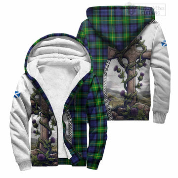 Meldrum Tartan Sherpa Hoodie with Family Crest and St. Andrew's Cross Accented by Thistle Vines Unisex S - Tartan Vibes Clothing