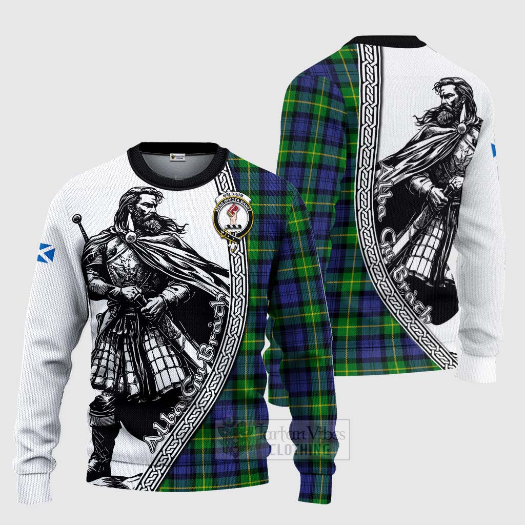 Meldrum Tartan Clan Crest Knitted Sweater with Highlander Warrior Celtic Style Unisex - Tartan Vibes Clothing