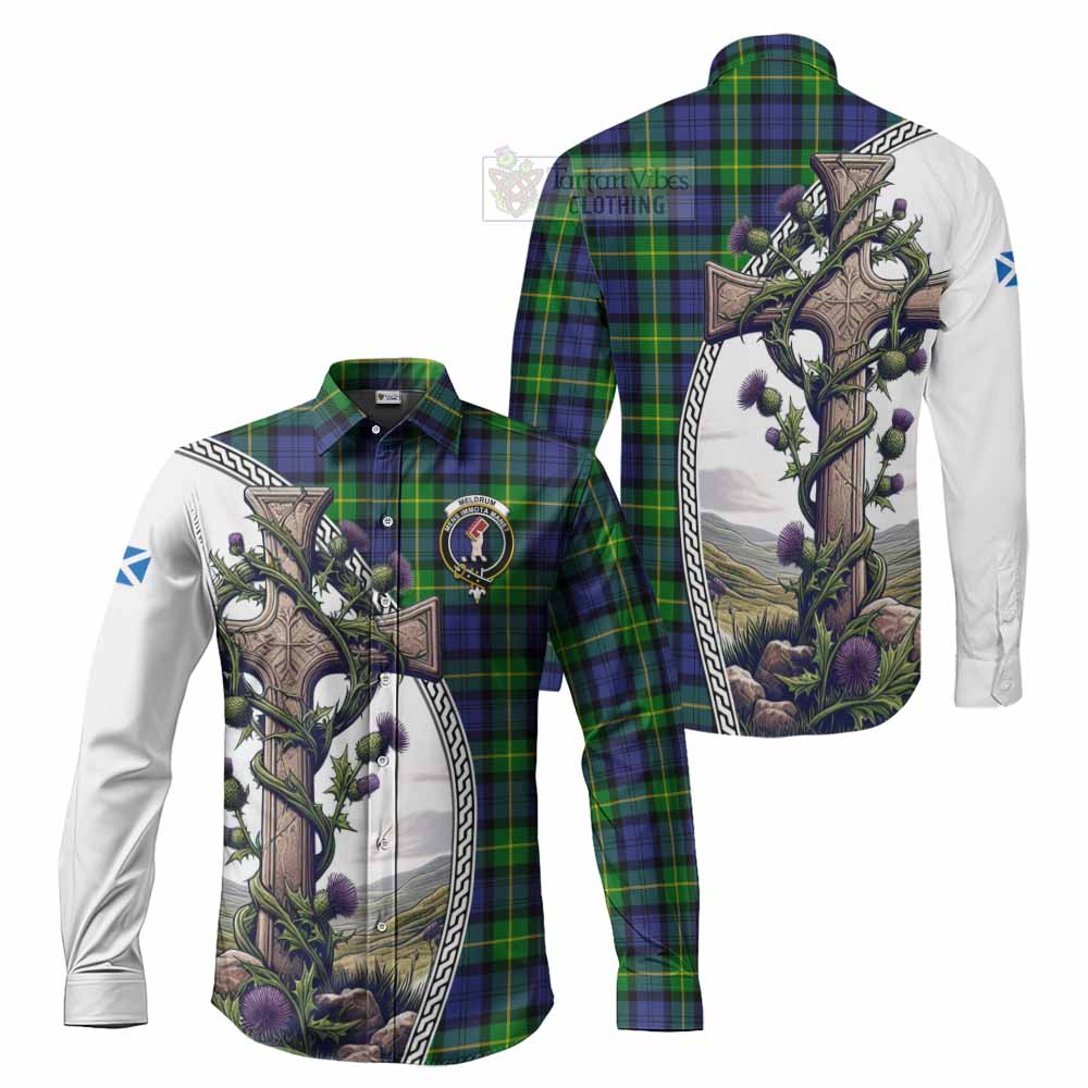 Meldrum Tartan Long Sleeve Button Shirt with Family Crest and St. Andrew's Cross Accented by Thistle Vines Men's Shirt S - Tartan Vibes Clothing