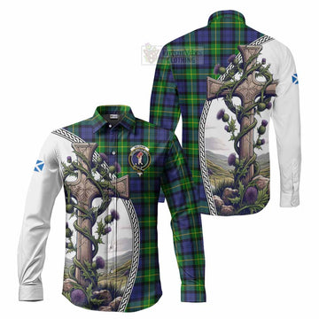 Meldrum Tartan Long Sleeve Button Shirt with Family Crest and St. Andrew's Cross Accented by Thistle Vines Men's Shirt S - Tartan Vibes Clothing