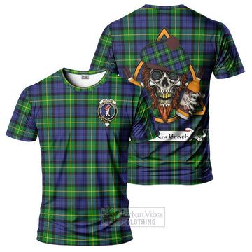 Meldrum Tartan T-Shirt with Family Crest and Bearded Skull Holding Bottles of Whiskey Kid's Shirt - Tartan Vibes Clothing