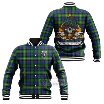 Meldrum Tartan Baseball Jacket with Family Crest and Bearded Skull Holding Bottles of Whiskey Unisex - Tartan Vibes Clothing