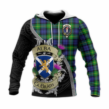 Meldrum Tartan Family Crest Knitted Hoodie Lion Rampant Royal Thistle Shield Celtic Inspired Unisex Knitted Pullover Hoodie - Tartan Vibes Clothing