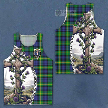 Meldrum Tartan Men's Tank Top with Family Crest and St. Andrew's Cross Accented by Thistle Vines Men - Tartan Vibes Clothing