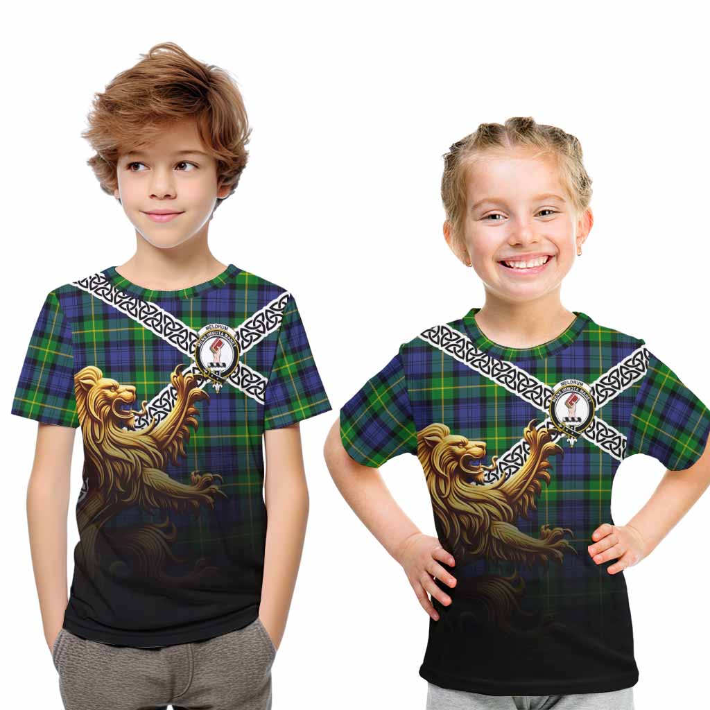 Meldrum Crest Tartan Kid T-Shirt with Golden Lion Emblem Celtic Style Youth XL Size14 - Tartan Vibes Clothing