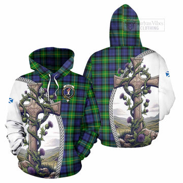 Meldrum Tartan Hoodie with Family Crest and St. Andrew's Cross Accented by Thistle Vines Zip Hoodie - Tartan Vibes Clothing