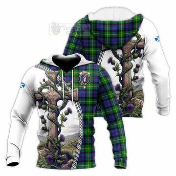 Meldrum Tartan Knitted Hoodie with Family Crest and St. Andrew's Cross Accented by Thistle Vines Unisex Knitted Pullover Hoodie - Tartan Vibes Clothing