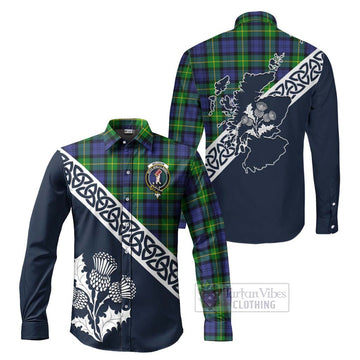 Meldrum Tartan Long Sleeve Button Shirt Featuring Thistle and Scotland Map Men's Shirt S - Tartan Vibes Clothing