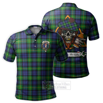 Meldrum Tartan Polo Shirt with Family Crest and Bearded Skull Holding Bottles of Whiskey Kid - Tartan Vibes Clothing