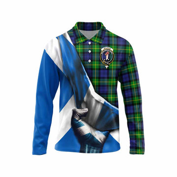 Meldrum Tartan Long Sleeve Polo Shirt with Family Crest Scotland Patriotic Style Unisex - Tartan Vibes Clothing
