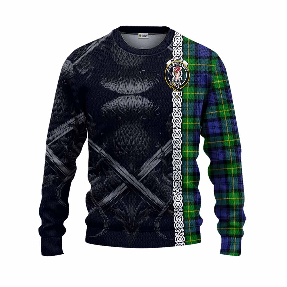 Meldrum Tartan Knitted Sweater with Family Crest Cross Sword Thistle Celtic Vibes Unisex - Tartan Vibes Clothing