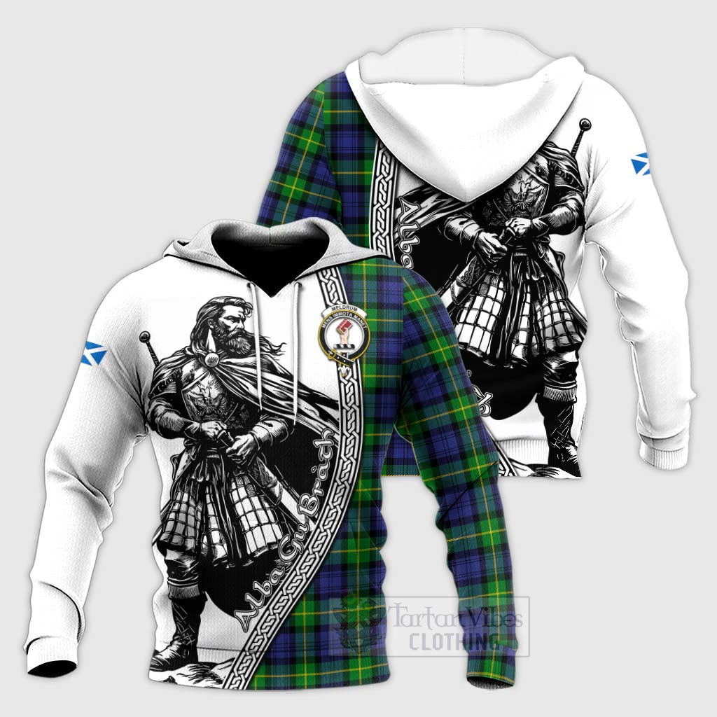 Meldrum Tartan Clan Crest Knitted Hoodie with Highlander Warrior Celtic Style Unisex Knitted Pullover Hoodie - Tartan Vibes Clothing
