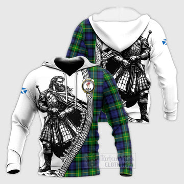 Meldrum Tartan Clan Crest Knitted Hoodie with Highlander Warrior Celtic Style Unisex Knitted Pullover Hoodie - Tartan Vibes Clothing