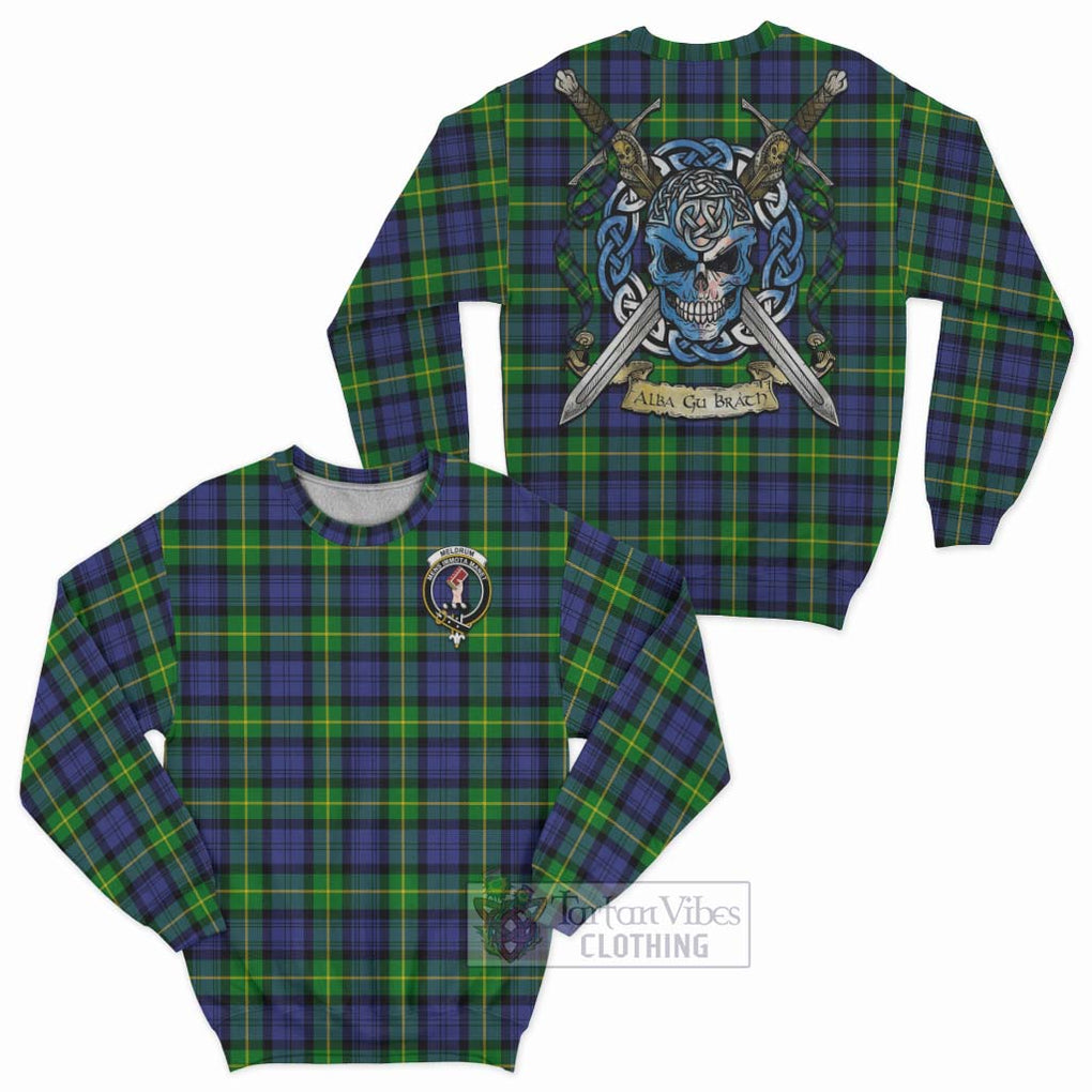 Meldrum Tartan Sweatshirt with Family Crest Celtic Skull Style Unisex - Tartan Vibes Clothing