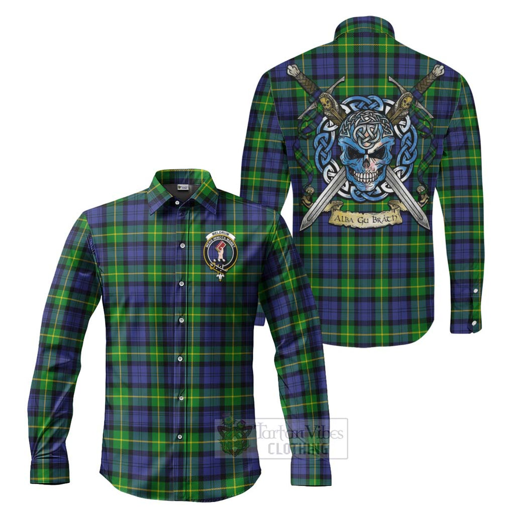 Meldrum Tartan Long Sleeve Button Shirt with Family Crest Celtic Skull Style Men's Shirt S - Tartan Vibes Clothing