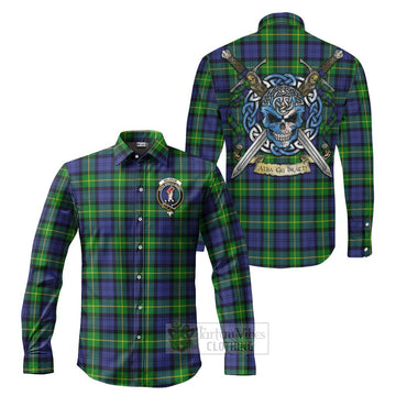 Meldrum Tartan Long Sleeve Button Shirt with Family Crest Celtic Skull Style Men's Shirt S - Tartan Vibes Clothing