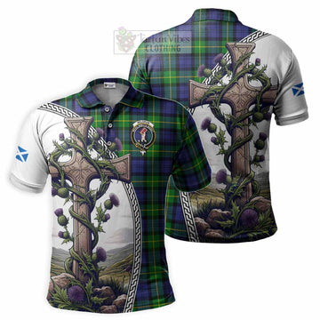 Meldrum Tartan Polo Shirt with Family Crest and St. Andrew's Cross Accented by Thistle Vines Kid - Tartan Vibes Clothing