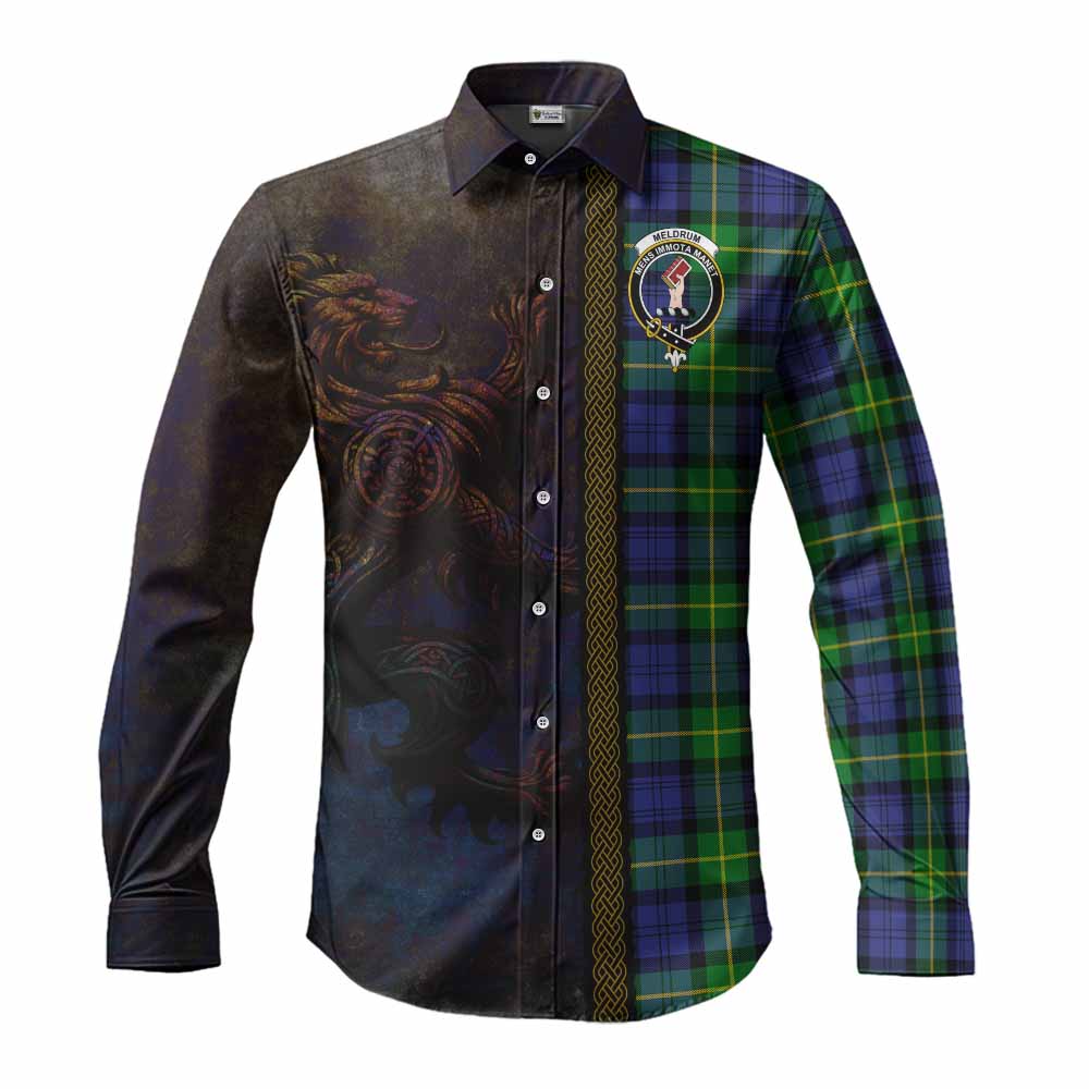 Meldrum Tartan Family Crest Long Sleeve Button Shirt Alba Gu Brath Be Brave Lion Ancient Style Men's Shirt S - Tartan Vibes Clothing