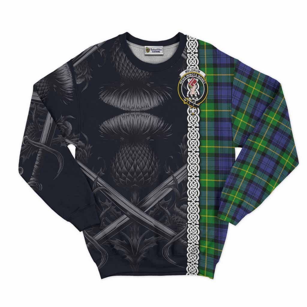 Meldrum Tartan Sweatshirt with Family Crest Cross Sword Thistle Celtic Vibes Unisex - Tartan Vibes Clothing