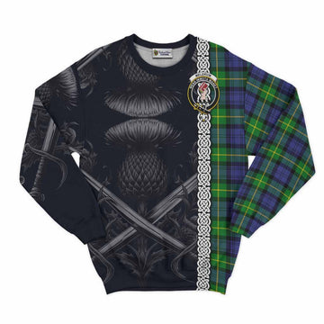 Meldrum Tartan Sweatshirt with Family Crest Cross Sword Thistle Celtic Vibes Unisex - Tartan Vibes Clothing