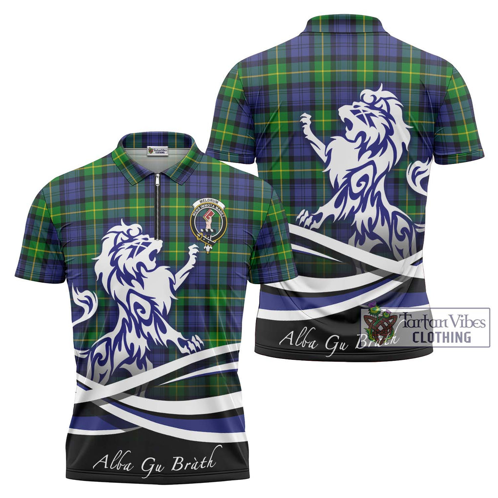 Meldrum Tartan Zipper Polo Shirt with Alba Gu Brath Regal Lion Emblem Unisex - Tartan Vibes Clothing
