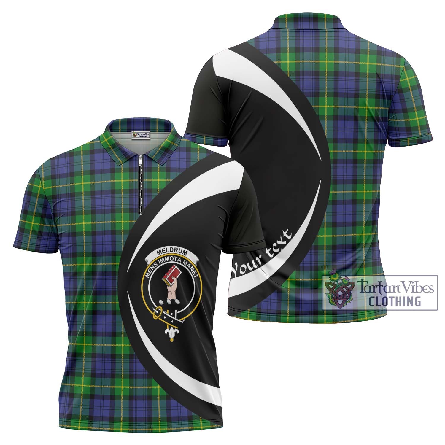 Meldrum Tartan Zipper Polo Shirt with Family Crest Circle Style Unisex - Tartan Vibes Clothing