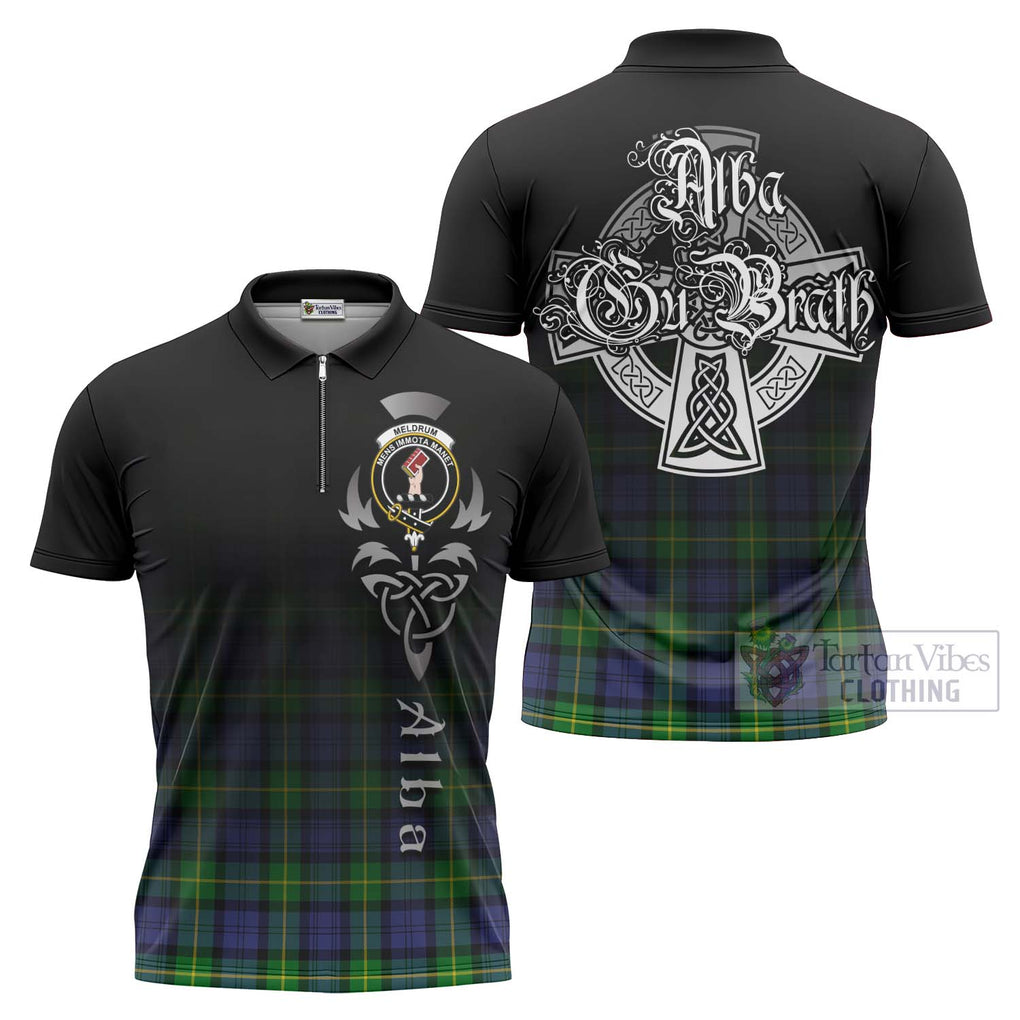 Meldrum Tartan Zipper Polo Shirt Featuring Alba Gu Brath Family Crest Celtic Inspired Unisex - Tartan Vibes Clothing