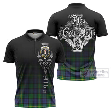 Meldrum Tartan Zipper Polo Shirt Featuring Alba Gu Brath Family Crest Celtic Inspired Unisex - Tartan Vibes Clothing