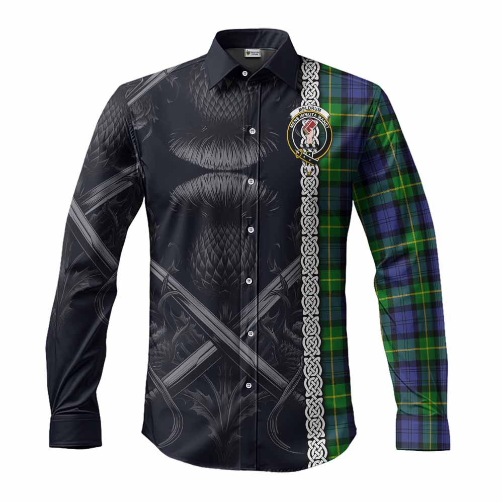 Tartan Vibes Clothing Meldrum Tartan Long Sleeve Button Shirt with Family Crest Cross Sword Thistle Celtic Vibes