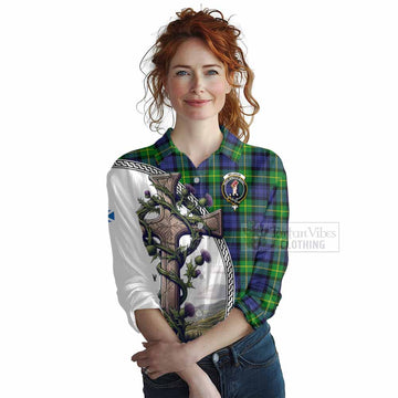Meldrum Tartan Women's Casual Shirt with Family Crest and St. Andrew's Cross Accented by Thistle Vines Female - Tartan Vibes Clothing