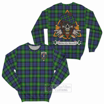 Meldrum Tartan Sweatshirt with Family Crest and Bearded Skull Holding Bottles of Whiskey Unisex - Tartan Vibes Clothing