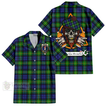 Meldrum Tartan Hawaiian Shirt with Family Crest and Bearded Skull Holding Bottles of Whiskey Kid - Tartan Vibes Clothing