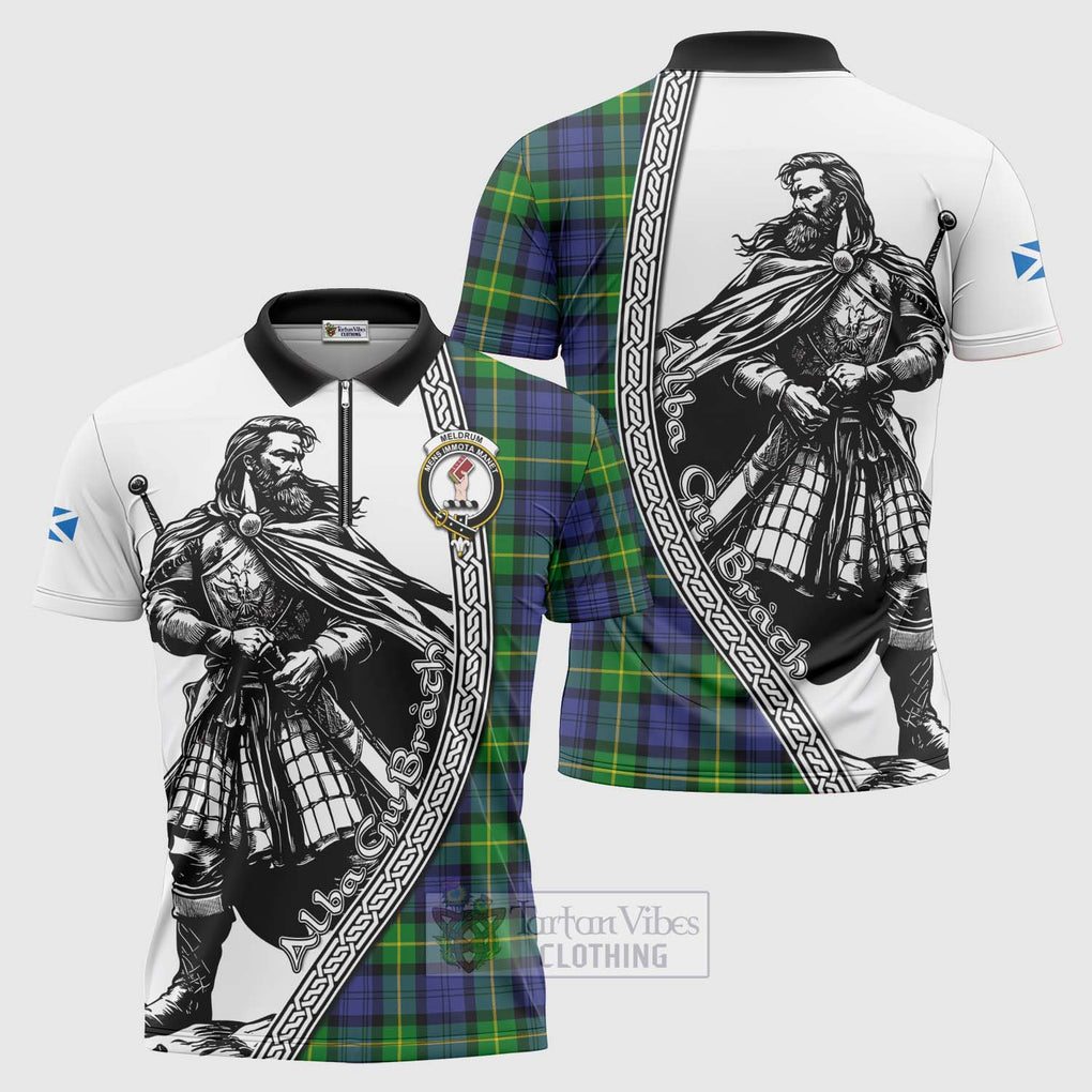 Meldrum Tartan Clan Crest Zipper Polo Shirt with Highlander Warrior Celtic Style Unisex - Tartan Vibes Clothing